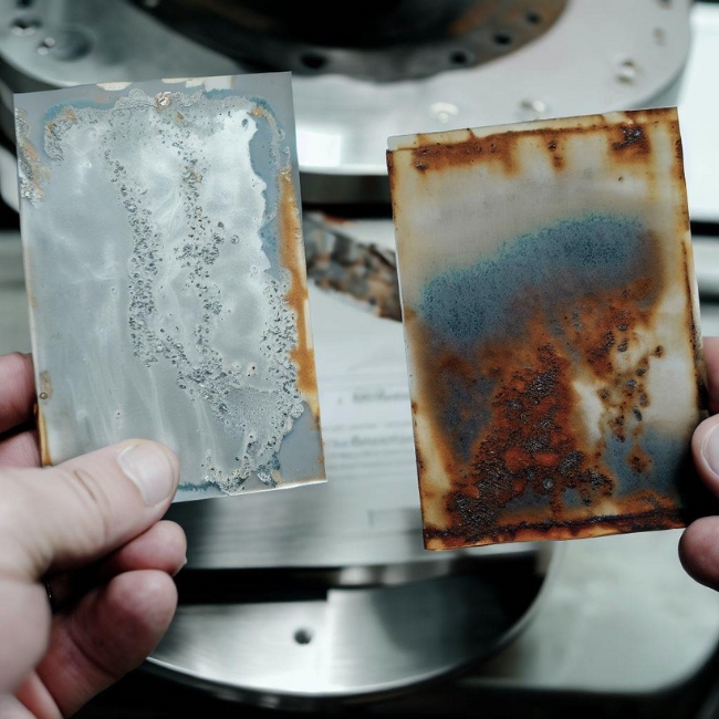 Một bức ảnh của một thử nghiệm ăn mòn trên các mẫu inox 304 và 430