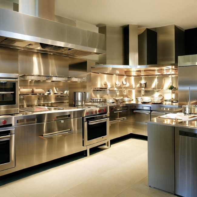 Ảnh của một căn bếp với một số vật dụng được làm bằng inox 430