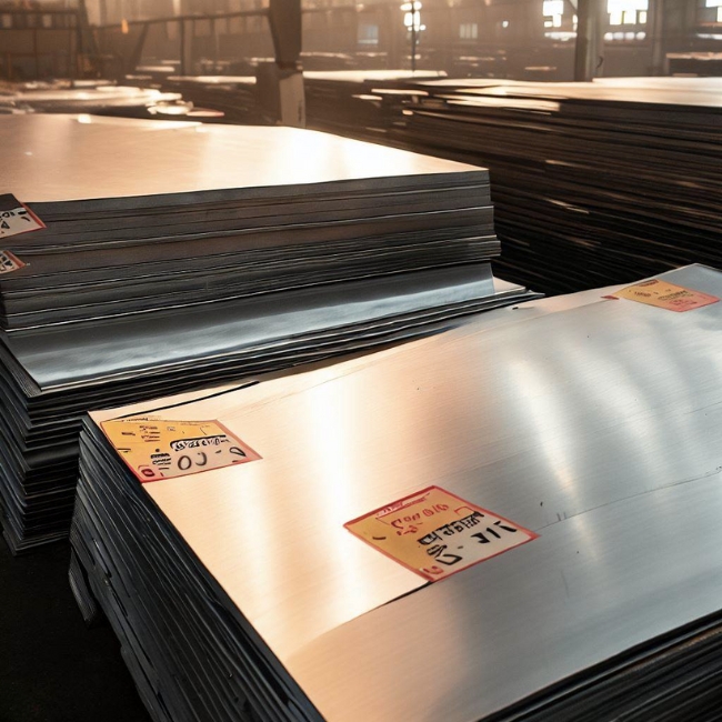 Ảnh một chồng các tấm inox 316 với thẻ giá trên chúng tại kho của S-House Decor