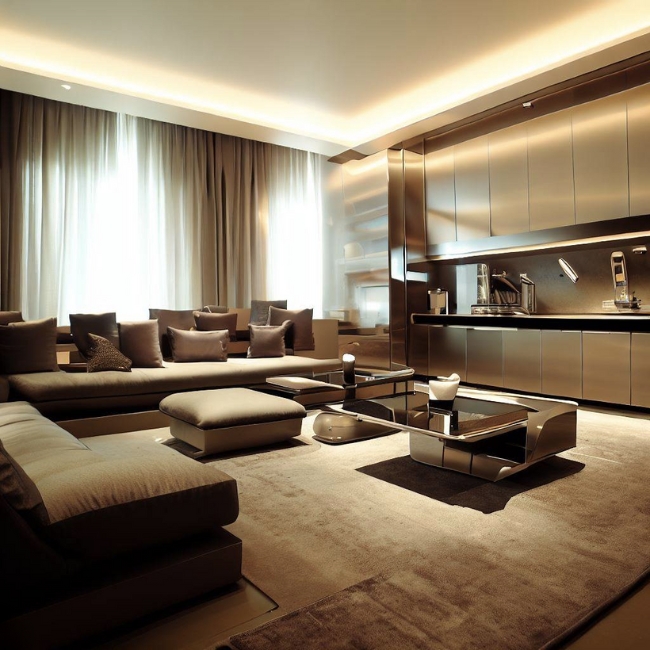 Một bức ảnh của một phòng khách hiện đại với đồ nội thất bằng inox 316