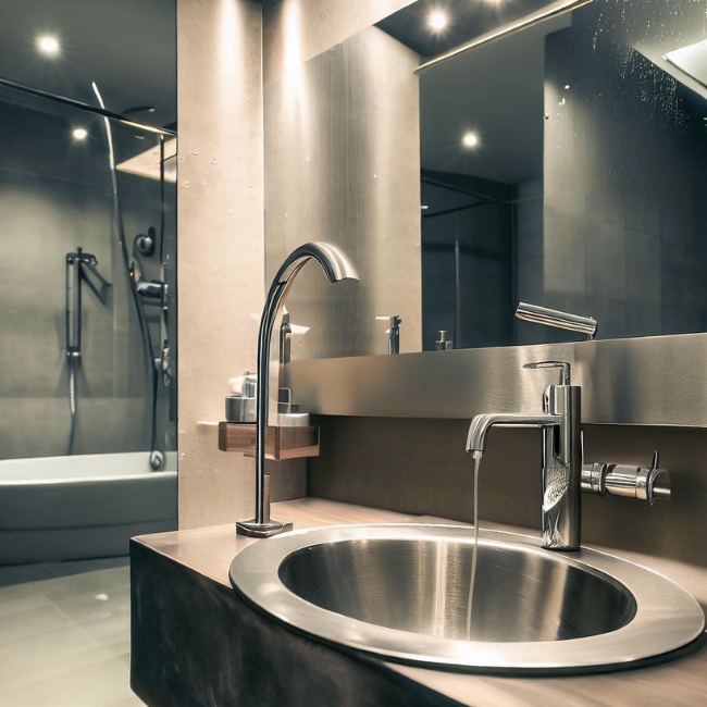 Một bức ảnh của một phòng tắm đầy phong cách với bồn rửa bằng inox mờ và vòi hoa sen