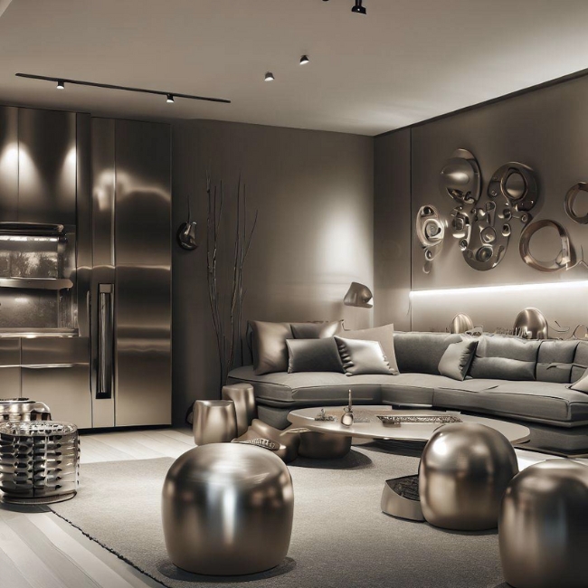 Một bức ảnh của một văn phòng kiểu dáng đẹp với bàn ghế bằng inox mờ