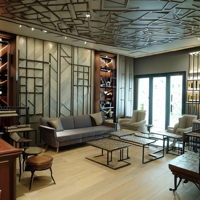 Ảnh một phòng khách với các đồ nội thất như cửa, trần nhà, bàn ghế, kệ tủ,.. được thi công bằng inox mỹ thuật