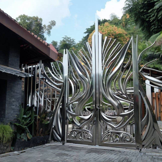 Ảnh một cổng inox mỹ thuật hiện đại với hoa văn độc đáo