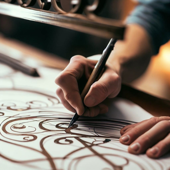 Ảnh một nhân viên thiết kế của S-House Decor đang thiết kế một mẫu lang cang inox mỹ thuật cho khách hàng