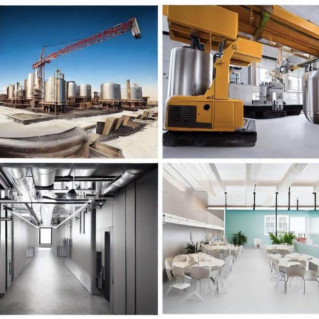 Ảnh ghép của bốn hình ảnh cho thấy việc sử dụng SUS 304 trong các lĩnh vực công nghiệp, xây dựng, trang trí nội thất và thực phẩm và y tế