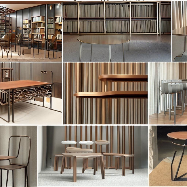 Ảnh ghép cho thấy các ứng dụng khác nhau của inox tròn đặc trong thiết kế nội thất như làm bàn, ghế, tủ, kệ sách,...