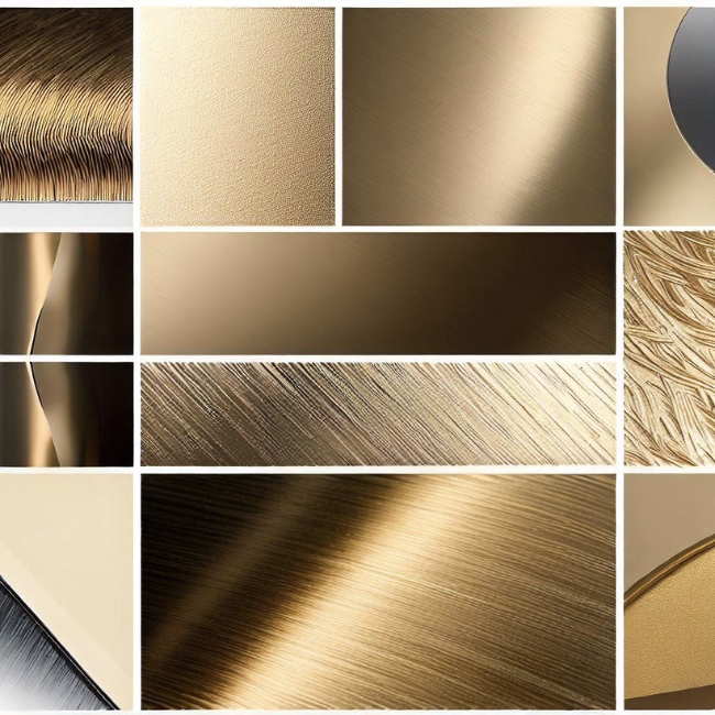Ảnh ghép các hình ảnh cho thấy các lớp hoàn thiện khác nhau của inox vàng như gương, xước, khắc, dập nổi,..