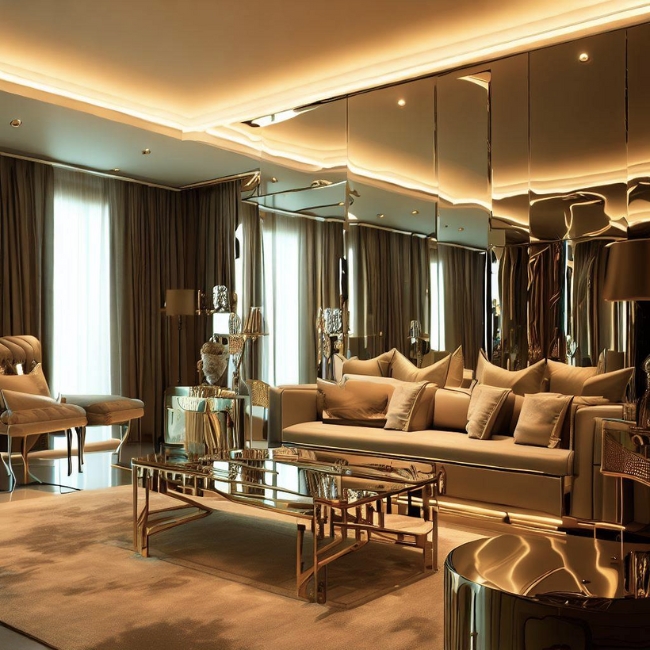 Một phòng khách với các đồ nội thất được làm từ inox vàng gương tạo nên vẻ sang trọng