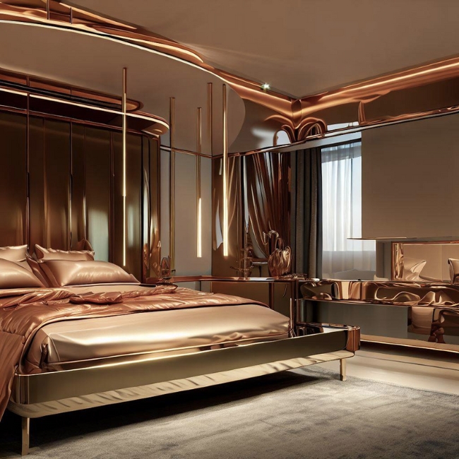 Một phòng ngủ với các đồ nội thất được làm từ inox vàng đồng đẳng cấp và lịch lãm