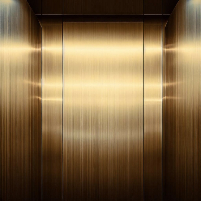 Một cabin thang máy được ốp bằng inox vàng xước tạo nên vẻ sang trọng và hiện đại