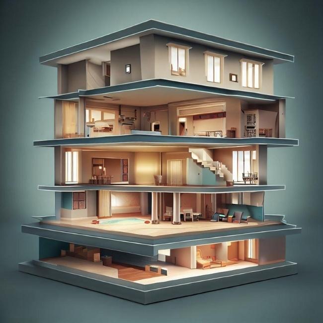 Hình ảnh một ngôi nhà với diện tích sàn và chiều cao khác nhau