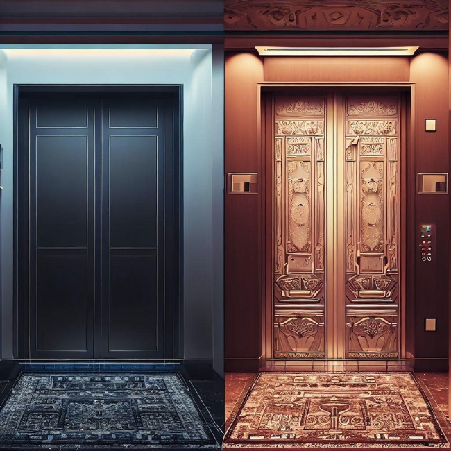 Hình ảnh hai thang máy gia đình với phong cách khác nhau: hiện đại và cổ điển