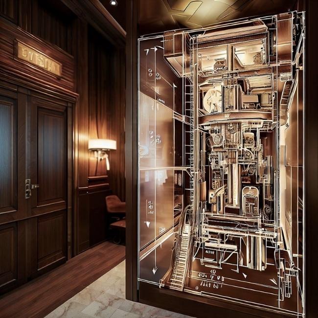 Hình ảnh thang máy gia đình với kích thước của trục và phòng máy