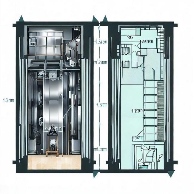 Hình ảnh thang máy gia đình với kích thước tải, số người, trục, cửa và cabin
