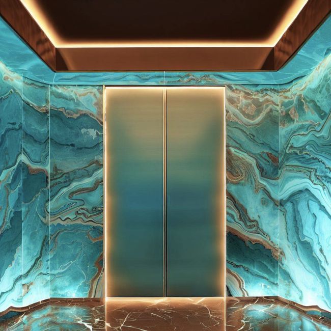 Cửa thang máy được ốp bằng đá cẩm thạch marble xanh ngọ
