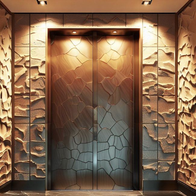 Cửa thang máy được ốp bằng đá nhân tạo giả đá tự nhiên