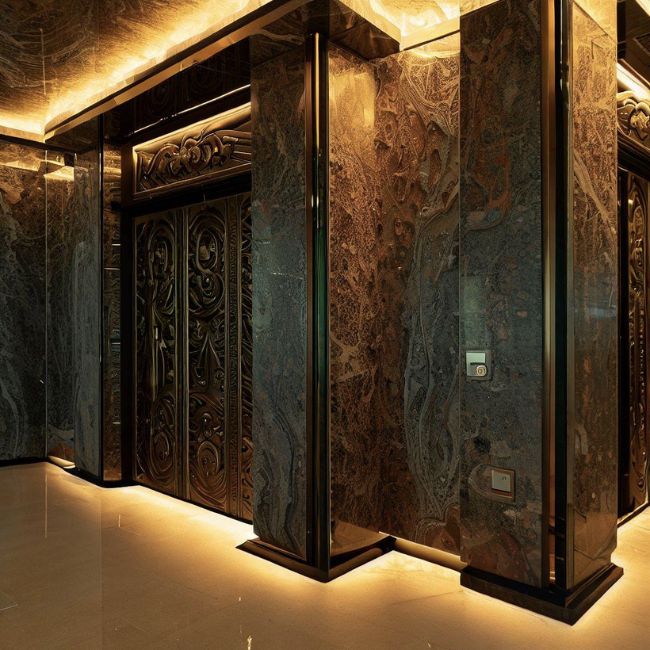 Cửa thang máy được ốp bằng đá granite