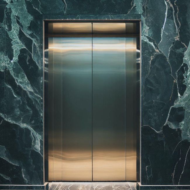Cửa thang máy được ốp bằng đá granite xanh lá cây