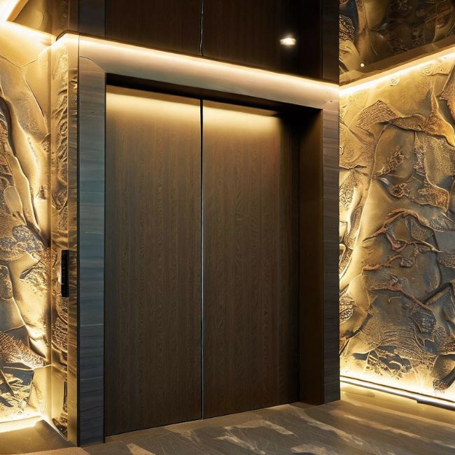 Cửa thang máy được ốp bằng đá nhân tạo giả gỗ