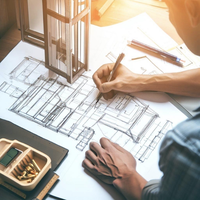 Ảnh một kỹ sư của S-House Decor đang thiết kế một dự án ốp đá thang máy gia đình