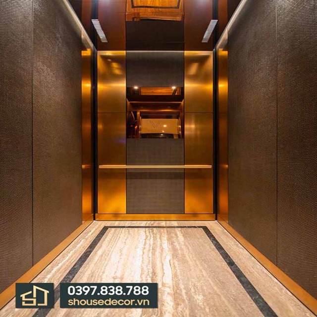 Ốp inox cabin thang máy mạ vàng xước mẫu 06