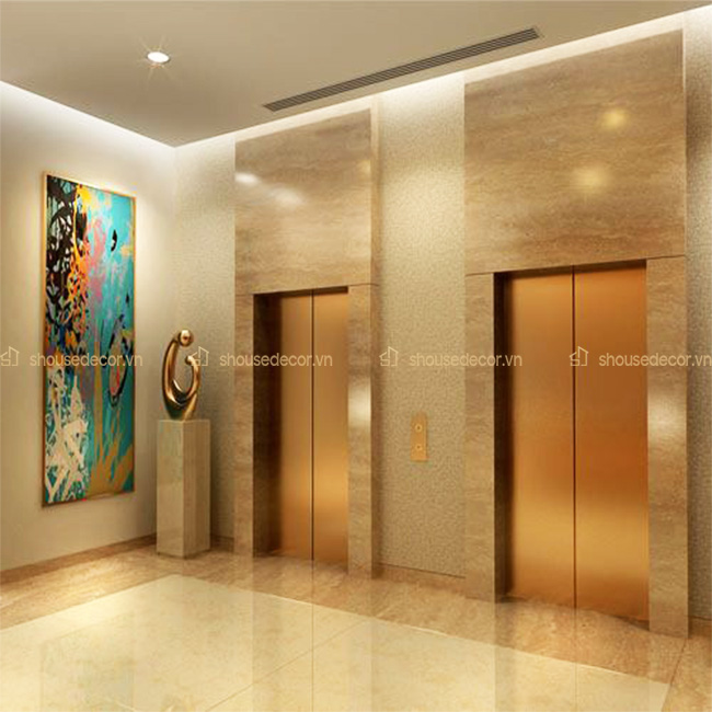 Ốp inox thang máy vàng xước được sử dụng cho nhiều không gian sang trọng