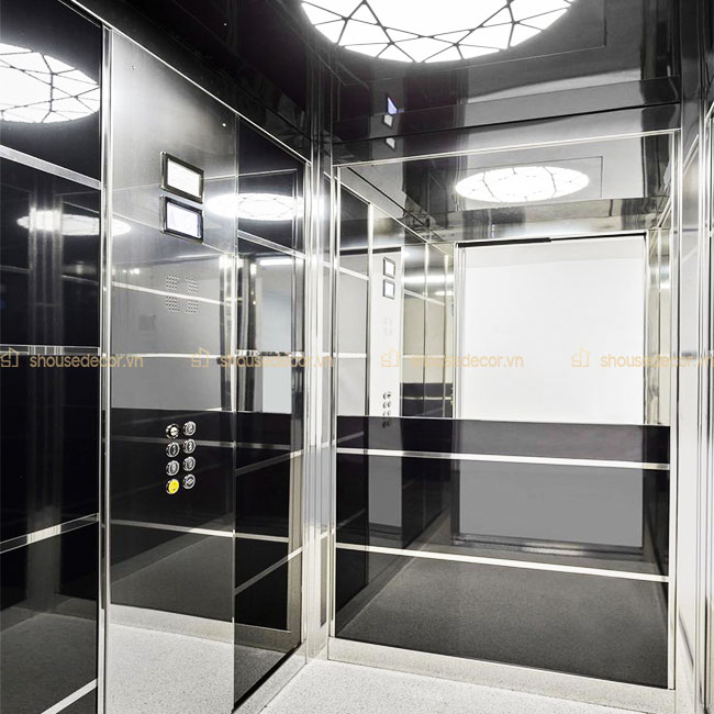 Sản phẩm ốp inox thang máy kính trắng sau khi hoàn thành