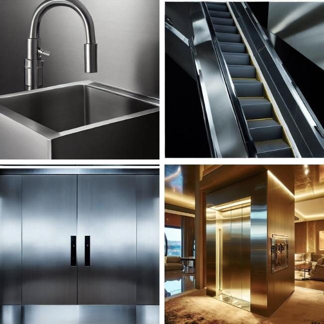 Ảnh ghép các sản phẩm được làm từ tấm inox 304 dày 1mm khác nhau: bồn rửa, tủ, cửa cuốn, lan can, cabin thang máy
