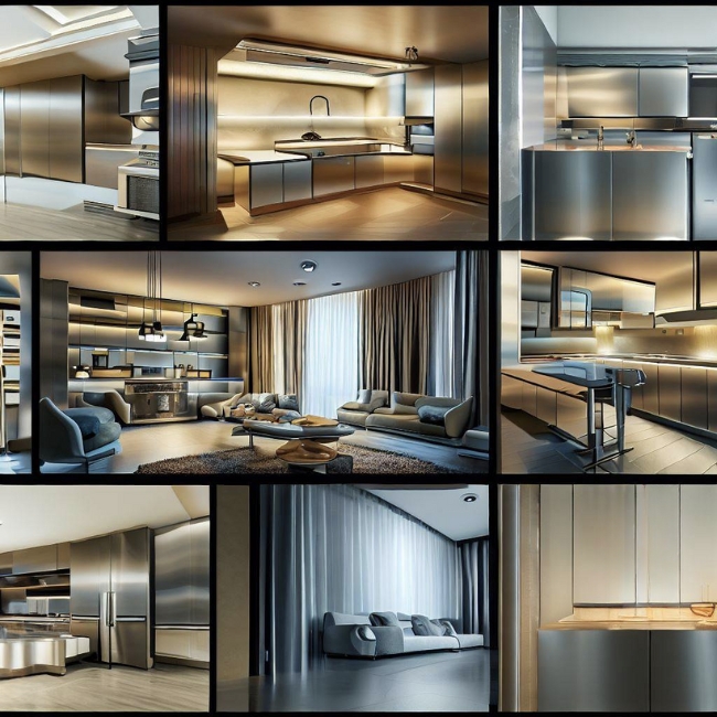 Ảnh ghép các phòng trong nhà với đồ nội thất được làm bằng tấm inox