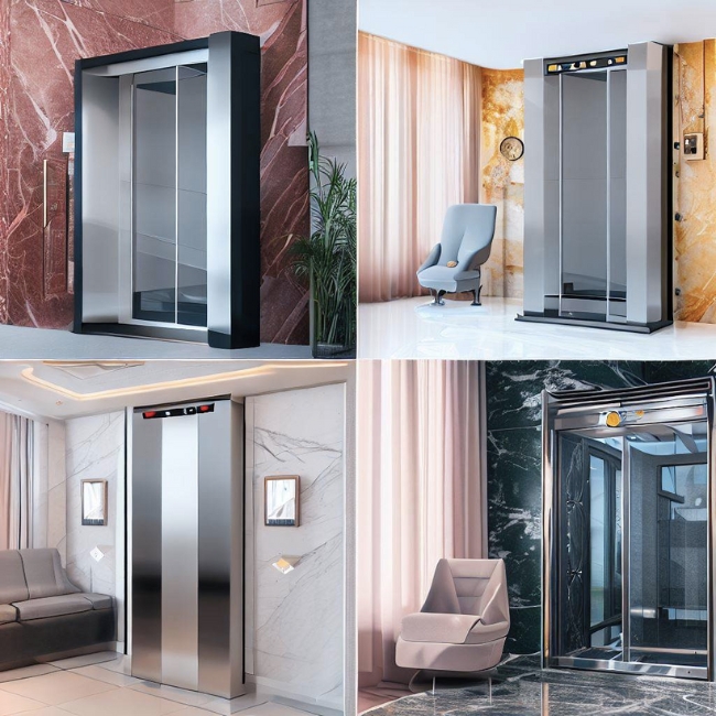 Ảnh ghép của 4 mẫu thang máy gia đình 200kg khác nhau trong phòng khách