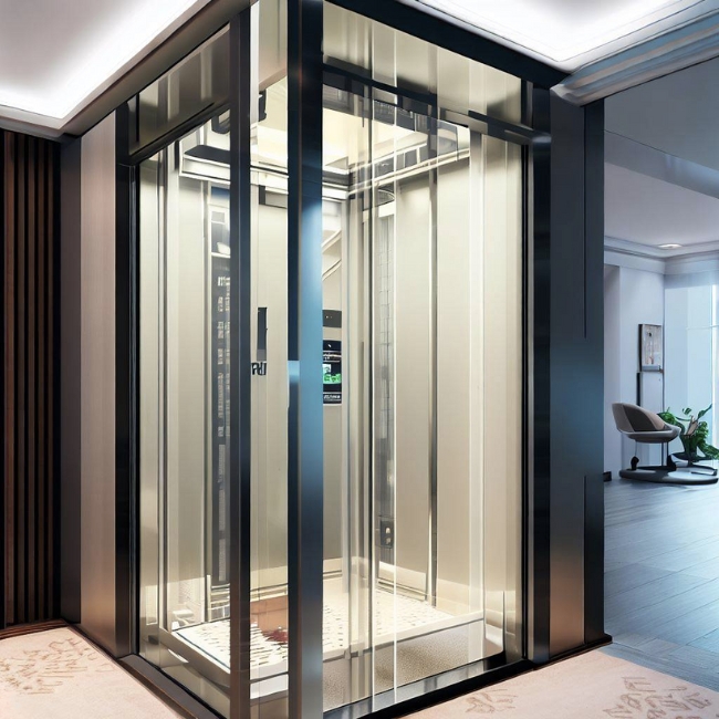 Thang máy gia đình 200kg có thiết kế hiện đại và tiện nghi với kính cường lực và khung được ốp inox đen.