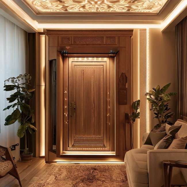 Thang máy gia đình 200kg có thiết kế cổ điển và ấm cúng với mặt trước và cửa cabin được ốp gỗ tự nhiên và đèn led trang trí.