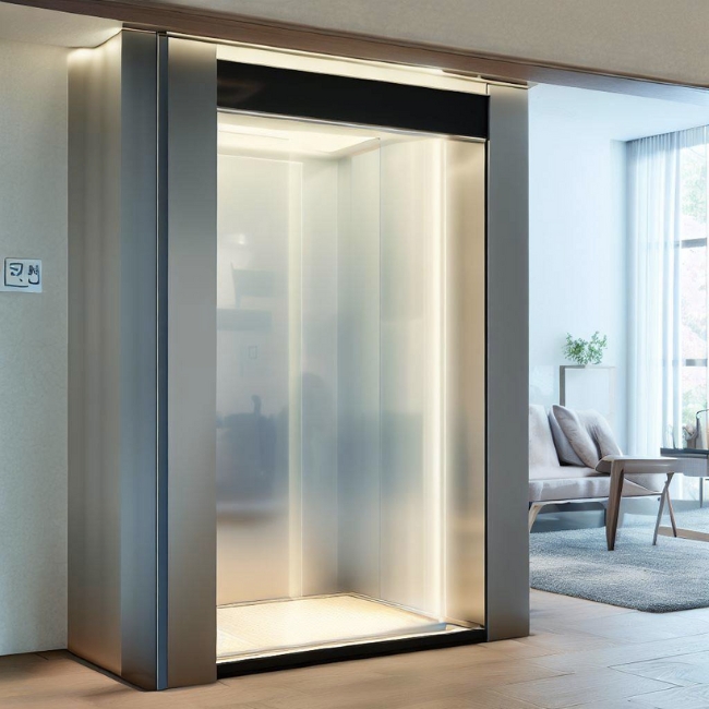 Thang máy gia đình 200kg có thiết kế tối giản và tiết kiệm không gian với kính mờ và khung nhôm.