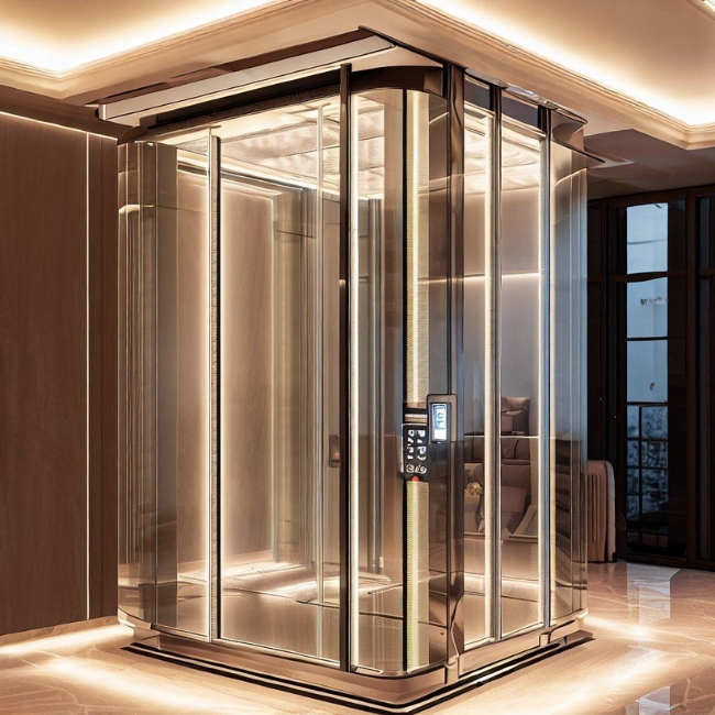 Thang máy gia đình 200kg có thiết kế cổ điển và lịch lãm với vỏ gỗ tự nhiên và đèn led trang trí.