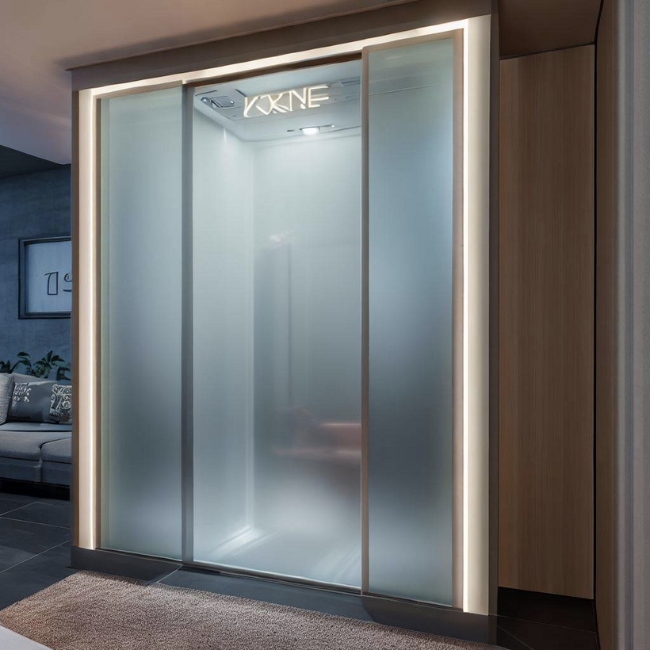 Thang máy gia đình 200kg có thiết kế độc đáo và nổi bật với kính màu và họa tiết hoa văn.