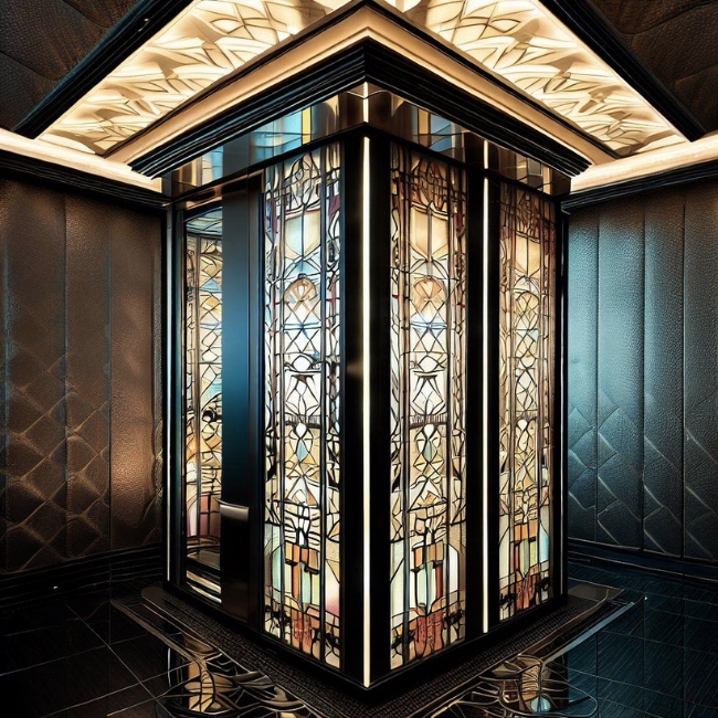 Thang máy gia đình 200kg có thiết kế trẻ trung và năng động với kính cường lực và khung được ốp inox đen.