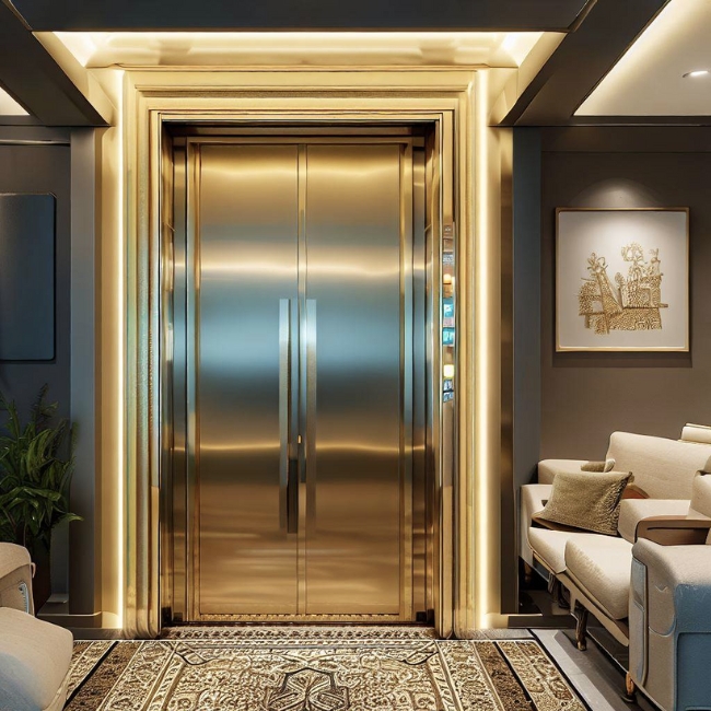 Thang máy gia đình 200kg có thiết kế đơn giản và thanh lịch với kính trong suốt và khung thép sơn tĩnh điện.