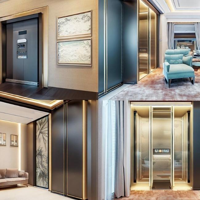 Ảnh ghép của một số mẫu thang máy gia đình 4 người hiện đại và thanh lịch khác nhau trong phòng khách