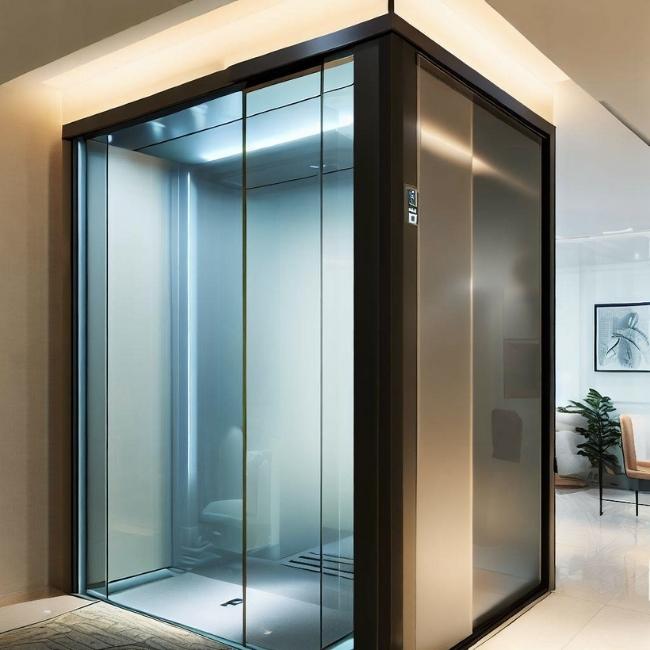 Thang máy gia đình 4 người có kính trong suốt và khung thép sơn tĩnh điện mang lại vẻ đơn giản và thanh lịch.