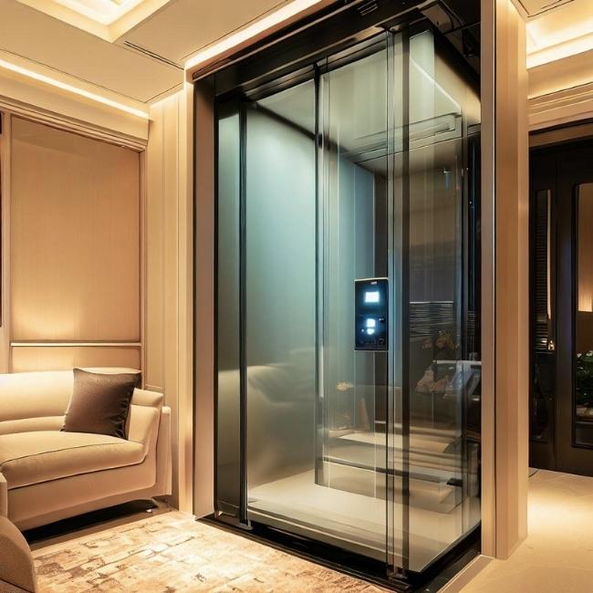 Thang máy gia đình 4 người có kính cường lực và khung được ốp inox đen tạo cảm giác hiện đại và tiện nghi.