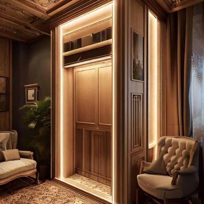 Thang máy gia đình 4 người có vỏ gỗ tự nhiên và đèn led trang trí mang lại sự ấm cúng và cổ điển.