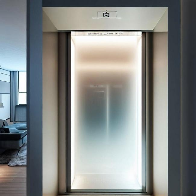 Thang máy gia đình 4 người có kính mờ và khung nhôm thiết kế tối giản và tiết kiệm không gian.