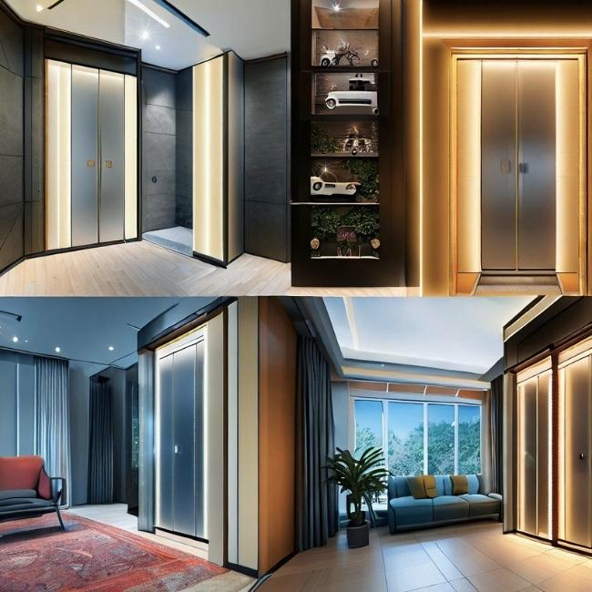 Ảnh ghép của một số mẫu thang máy gia đình 4 người hiện đại và thanh lịch khác nhau trong phòng khách