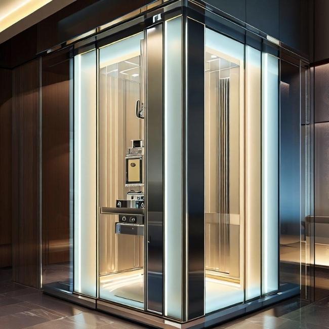 Thang máy gia đình 4 người có kính trong suốt và khung thép không gỉ mang đến vẻ đẹp hiện đại và sang trọng.