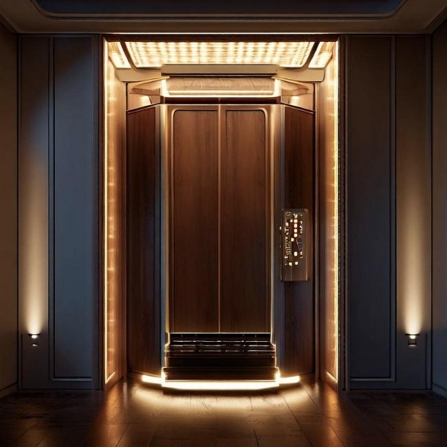 Thang máy gia đình 4 người có vỏ gỗ tự nhiên và đèn led trang trí tạo nên phong cách cổ điển và lịch lãm.