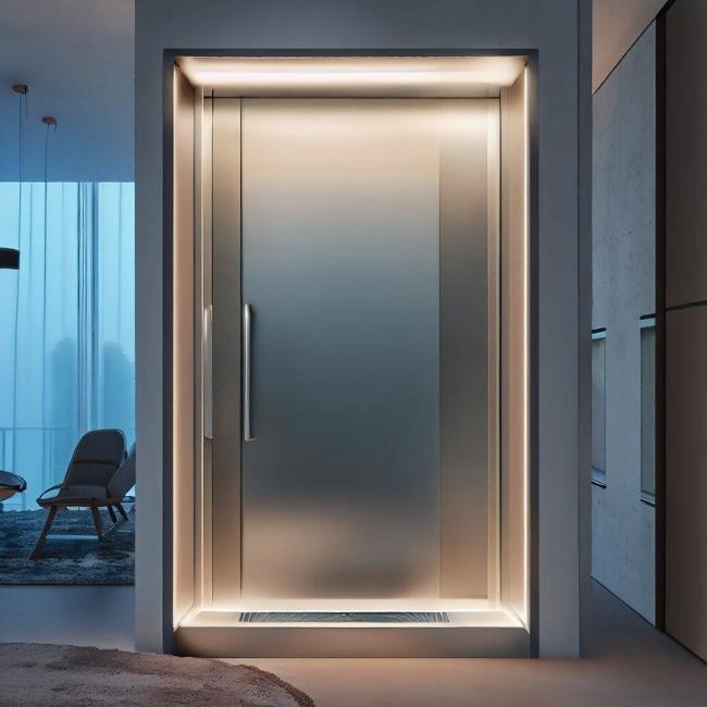Thang máy gia đình 4 người có cửa cabin được ốp inox với thiết kế tối giản và tiết kiệm không gian