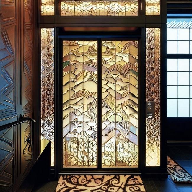 Thang máy gia đình 4 người có kính màu và họa tiết hoa văn làm nổi bật sự độc đáo và khác biệt.