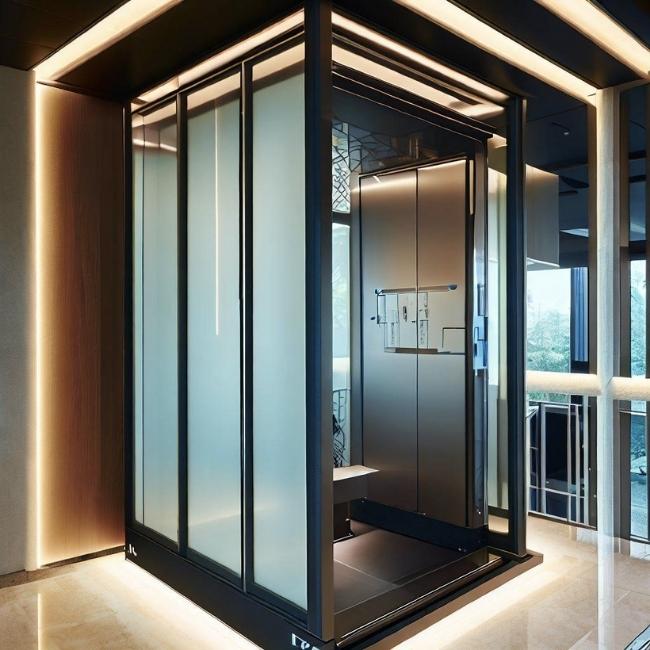 Thang máy gia đình 4 người có kính cường lực và khung được ốp inox đen phù hợp với phong cách trẻ trung và năng động.