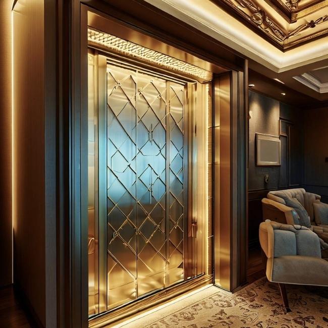 Thang máy gia đình 4 người có cửa cabin được ốp inox mạ vàng thể hiện sự sang trọng và tinh tế.